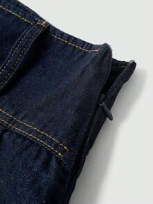 SHEIN MOD 大码纯色百褶牛仔迷你裙 - 深色水洗藍 - 查看 3