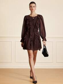 Aveloria Rosie French Ruffle V-Neck Asymmetrical Layered Long Sleeve Dress - Brown - View 7