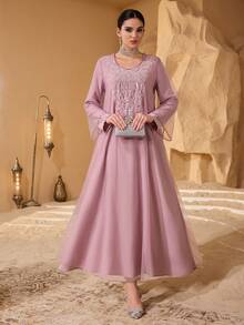 Al Najma Fashionable New Embellished Collar Women's Arabic Style Dress - Dusty Pink - View 4