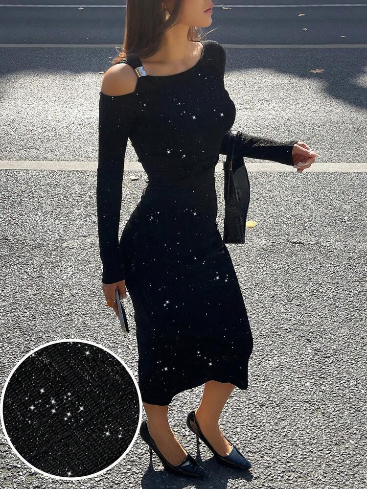 Women's Solid Color Asymmetric Collar Long Sleeve Fitted Midi Dress Sundress