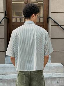 SWAVVY Men's Casual Striped Print Loose Fit Short Sleeve Shirt, Spring/Summer Men Vacation Men Shirt Co Ords Men Crop Button Up Cropped Men's Shirts Men's Boxy Shirts - Green - View 2