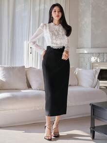 DAZY 女士立领长袖蕾丝性感优雅连衣裙 - 白色 - 查看 6