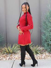 Steph T Ribbed Turtleneck Long Sleeve Bodycon A-Line Dress, Slimming & Waist Cinching For Women - Burgundy - View 4