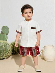 SHEIN Casual Embroidered, Tassel, Cute Shirt Set For Boys, Suitable For Spring/Summer, Everyday Casual, Home, Vacation - Multicolor - View 1
