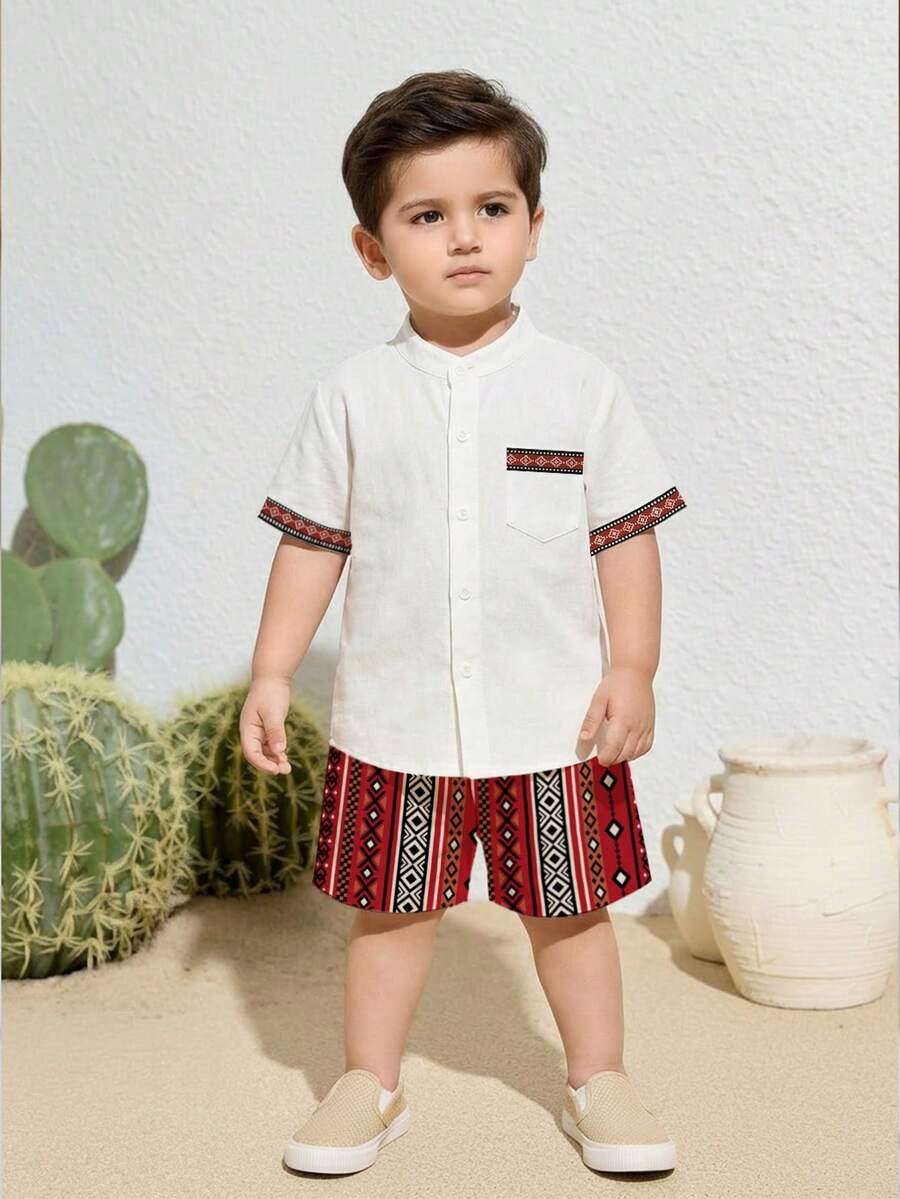SHEIN Casual Embroidered, Tassel, Cute Shirt Set For Boys, Suitable For Spring/Summer, Everyday Casual, Home, Vacation - Multicolor - View 1