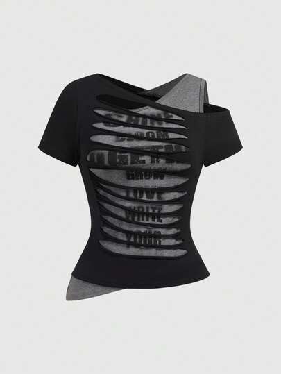 ROMWE Grunge Punk T-shirt moulant asymétrique pour femmes avec imprimé lettres et design déchiré, épaule asymétrique, style Y2K sexy