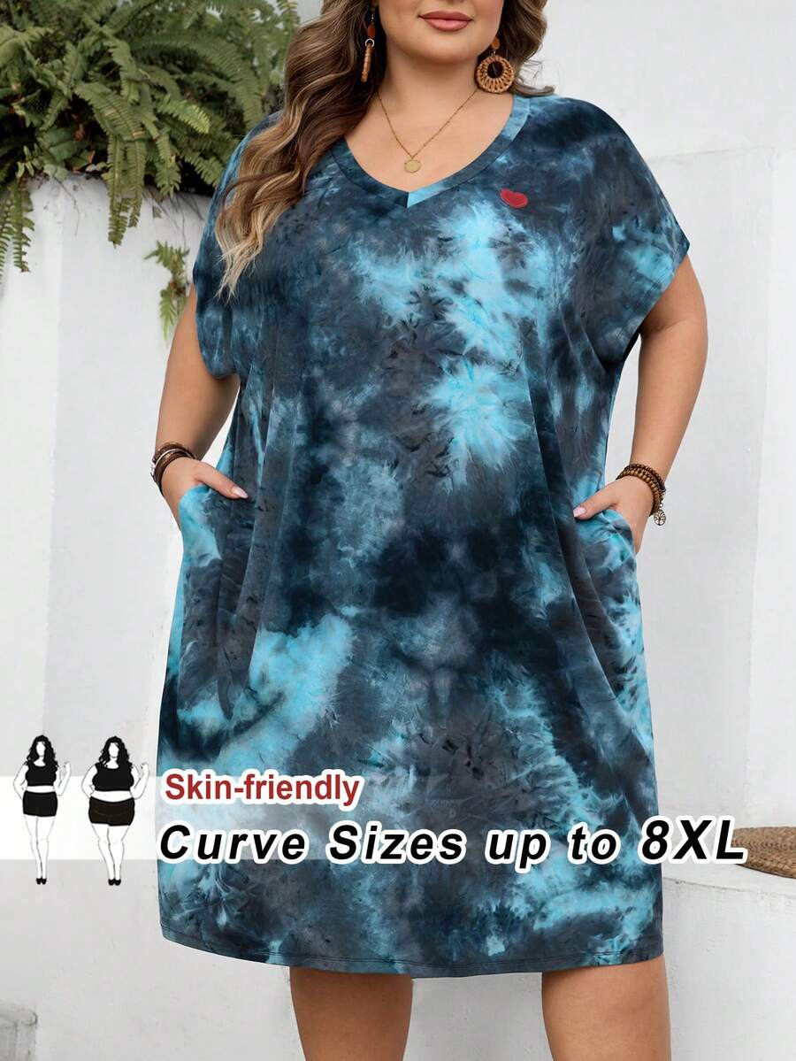 SHEIN CURVE+ Vestido casual de manga corta con cuello en V y manga de murciélago para mujer de talla grande con estampado de teñido anudado - Azul - Ver 1
