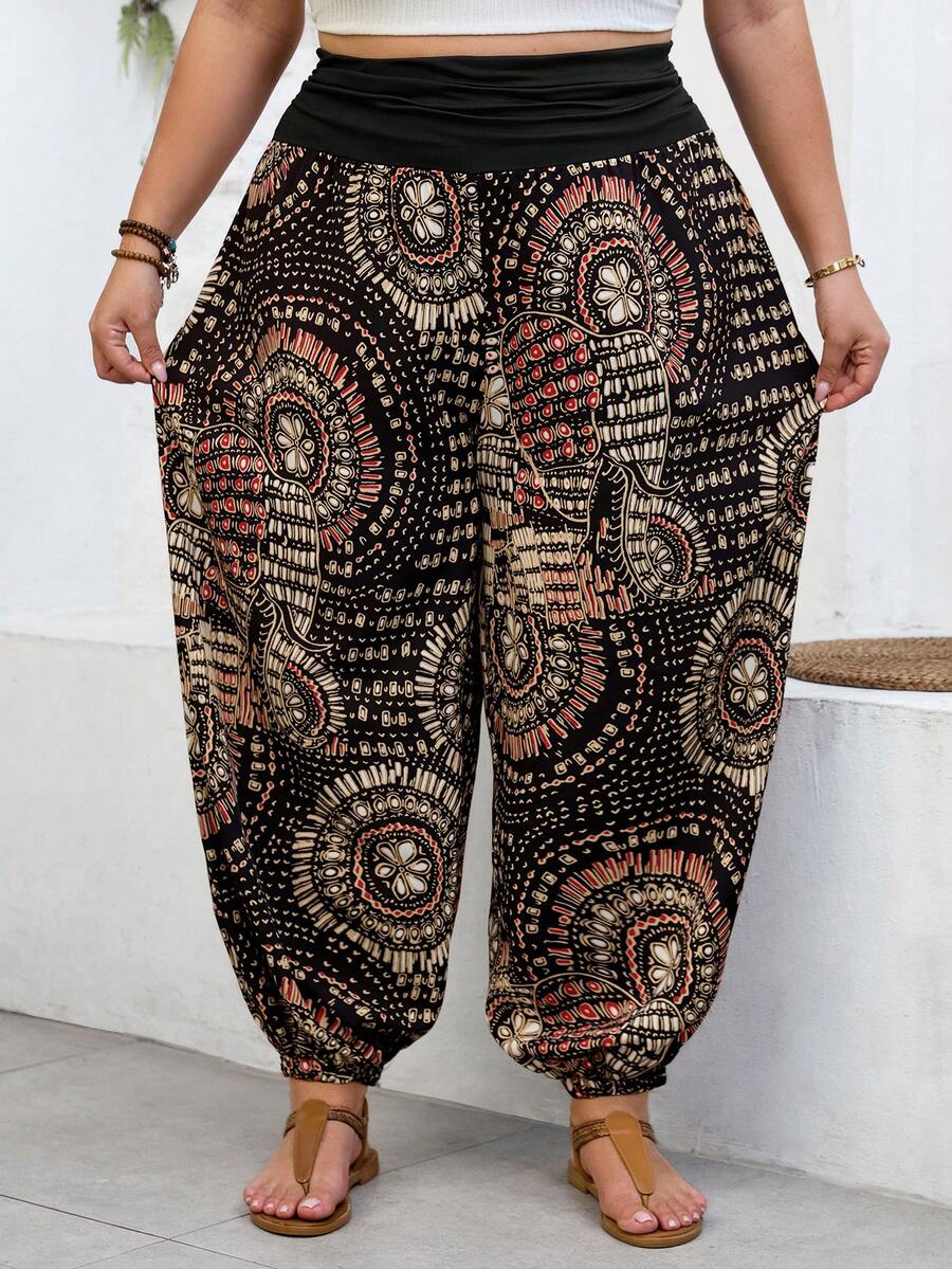 SHEIN CURVE+ Curve 尺码 US22 音乐节、海滨度假、波西米亚休闲度假时尚高腰印花哈伦裤 - 黑色 - 查看 1