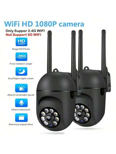 Tùy chọn 1 cái & 2 cái, Camera an ninh WiFi không dây HD 1080P với tầm nhìn ban đêm có màu, cảnh báo chuyển động và âm thanh, sử dụng trong nhà/ngoài trời, gắn tường, điều khiển bằng ứng dụng, đèn chiếu sáng và còi báo động tích hợp, cấp nguồn USB cho an ninh gia đình