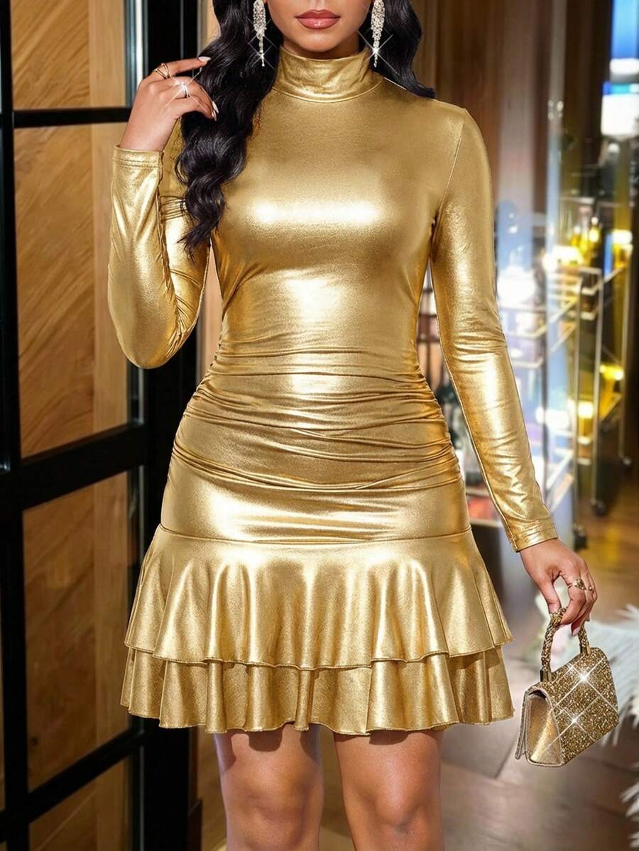 SHEIN Lady 女士金属面料高领荷叶边修身短款派对连衣裙 - 金色 - 查看 1