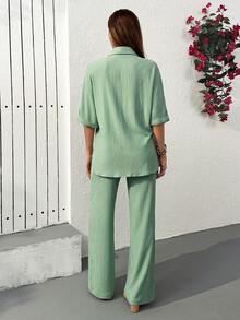 EURMUSE Green Rhinestone Embellished Button-Up Short Sleeve Top And Wide-Leg Pants Set - Green - View 2