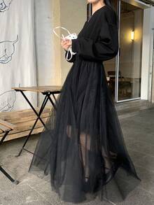 DAZY 女士纯色圆领灯笼袖网纱拼接下摆休闲连衣裙 - 杏色 - 查看 3