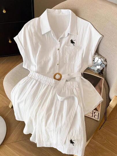 Resyla 新款女士系带马匹刺绣短裤和短袖休闲套装