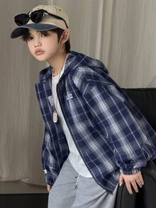 DAZY Tween Boy Letter & Plaid Print Long Sleeve Zip-Up Hooded Jacket Spring - Navy Blue - View 5