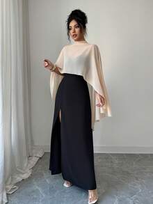Gloray Hitam dan Krem, Musim Panas, Elegan, Setelan 2 Potong Wanita untuk Makan Malam, Jaket Tipis Syal Chiffon dengan Hem Berkerut & Gaun Maxi Belahan Tinggi dengan Tali Bahu Tipis dan Leher V untuk Pesta - MultiWarna - View 7