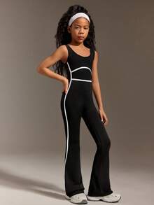 Mono negro ajustado para niñas preadolescentes, de tela elástica y de moda, con un ajuste favorecedor, para hacer ejercicio o uso diario casual - Negro - Ver 5