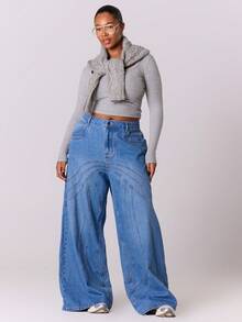 MUSERA 大码女式水洗阔腿缝线细节牛仔裤，酷女孩街头风秋季款 - 中等水洗藍 - 查看 2