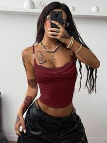 Coolane Women's Summer Sexy Chic Rave Festival Hippie Streetwear Casual Y2K Red Gyaru Lace Cowl Neck Cami Top - Burgundy - View 7