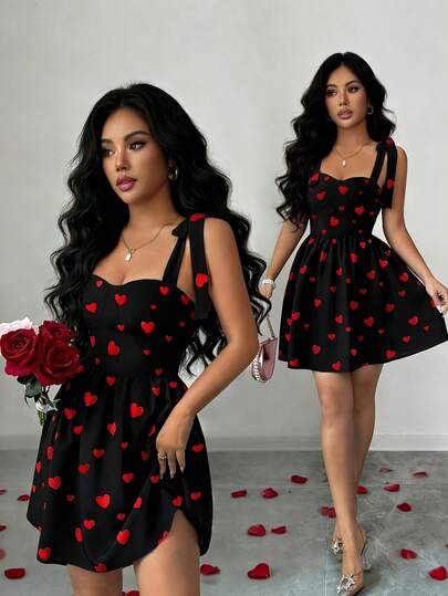 Rafferiza 女士浪漫情人节爱心印花可爱吊带A字短裙