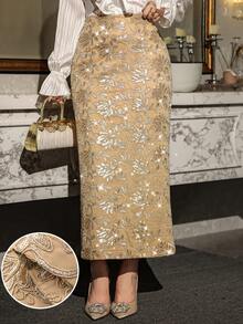 DAZY 女士优雅派对亮片刺绣半身裙 - 金色 - 查看 5