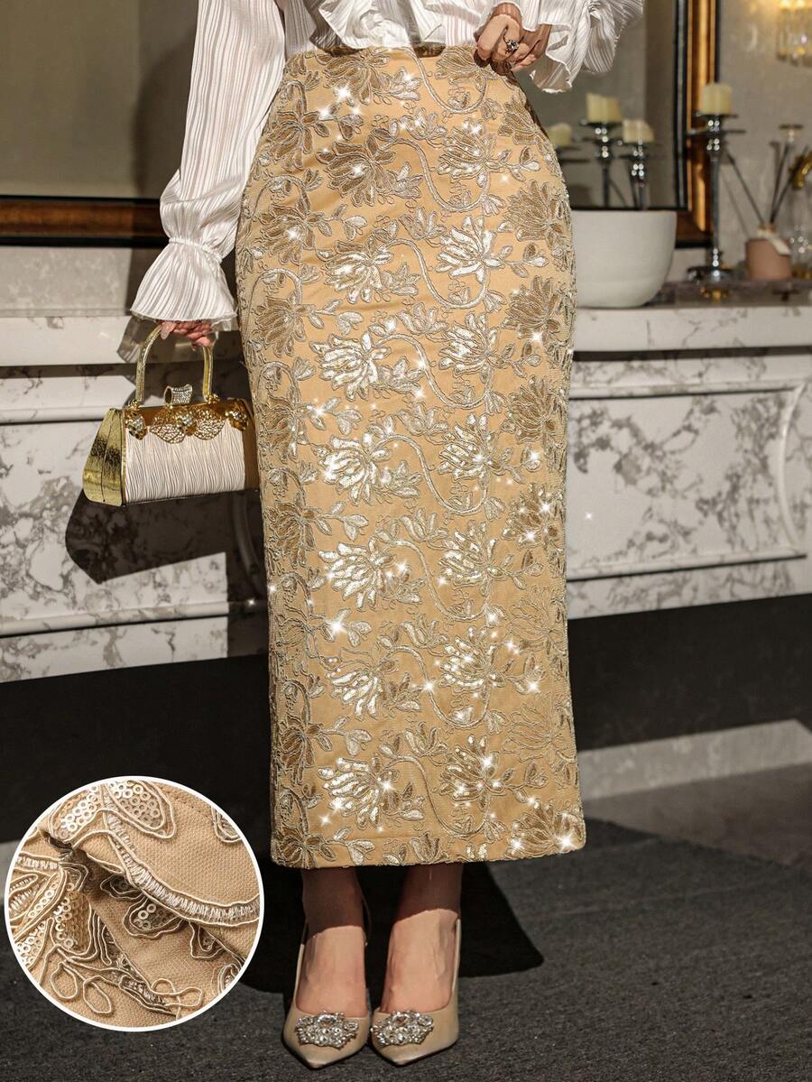 DAZY 女士优雅派对亮片刺绣半身裙 - 金色 - 查看 1