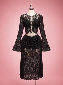 SHEIN ICON 大码女式系带喇叭袖上衣和百褶迷你裙性感两件套 - 黑色 - 查看 3