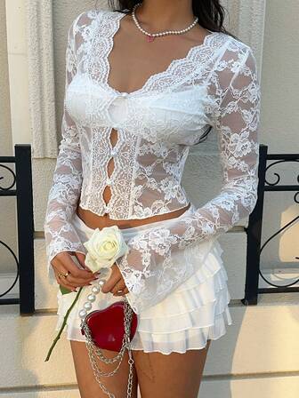 MainGRL White Lace Sexy Sheer Cropped Front Button Bodycon T-Shirt