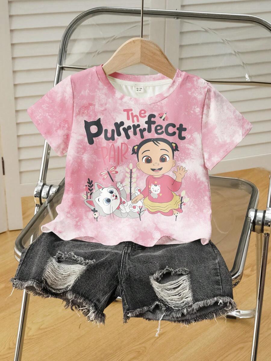 CoComelon X SHEIN Young Girl Casual Everyday Commute Funny Tie-Dye Figure Graphic Short Sleeve T-Shirt, Summer - White - View 1