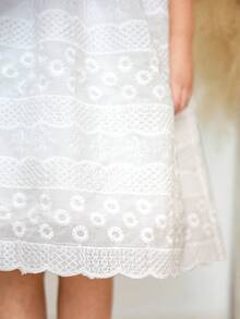 1件女童白色梭织刺绣面料方领荷叶边短袖松紧腰带中长连衣裙，简约百搭可爱田园风公主裙 - 米色 - 查看 8