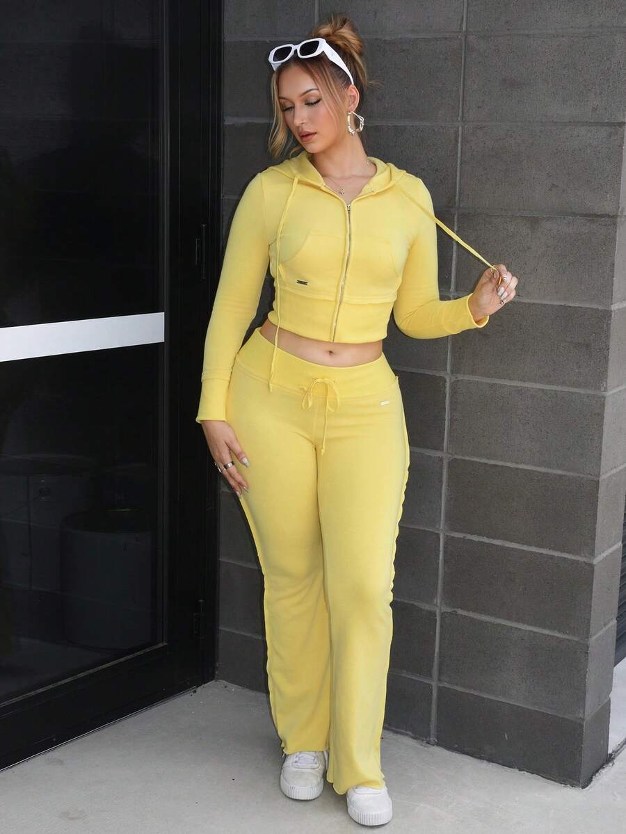 Arliah Women Casual Fashion Sports Tight Solid Color Thin Fleece Yoga Pants - Yellow - View 1