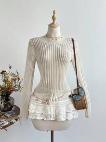 Elamini Women's Apricot Sheer Crochet Pullover Sweater, Sexy Casual Beach Cover Up, Lightweight Vacation Style For Summer - Apricot - View 5