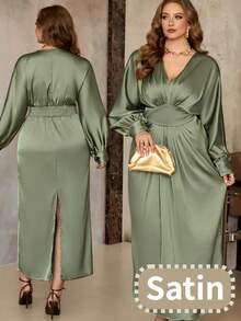 Roveilla Đầm maxi satin xếp ly nhún eo có thể điều chỉnh dành cho nữ cỡ lớn, phong cách Pháp cổ điển thanh lịch, phù hợp cho công sở, tiệc tùng, Giáng sinh, Lễ Tạ ơn, Năm mới, mùa thu/đông. - màu xanh lá - Xem 3
