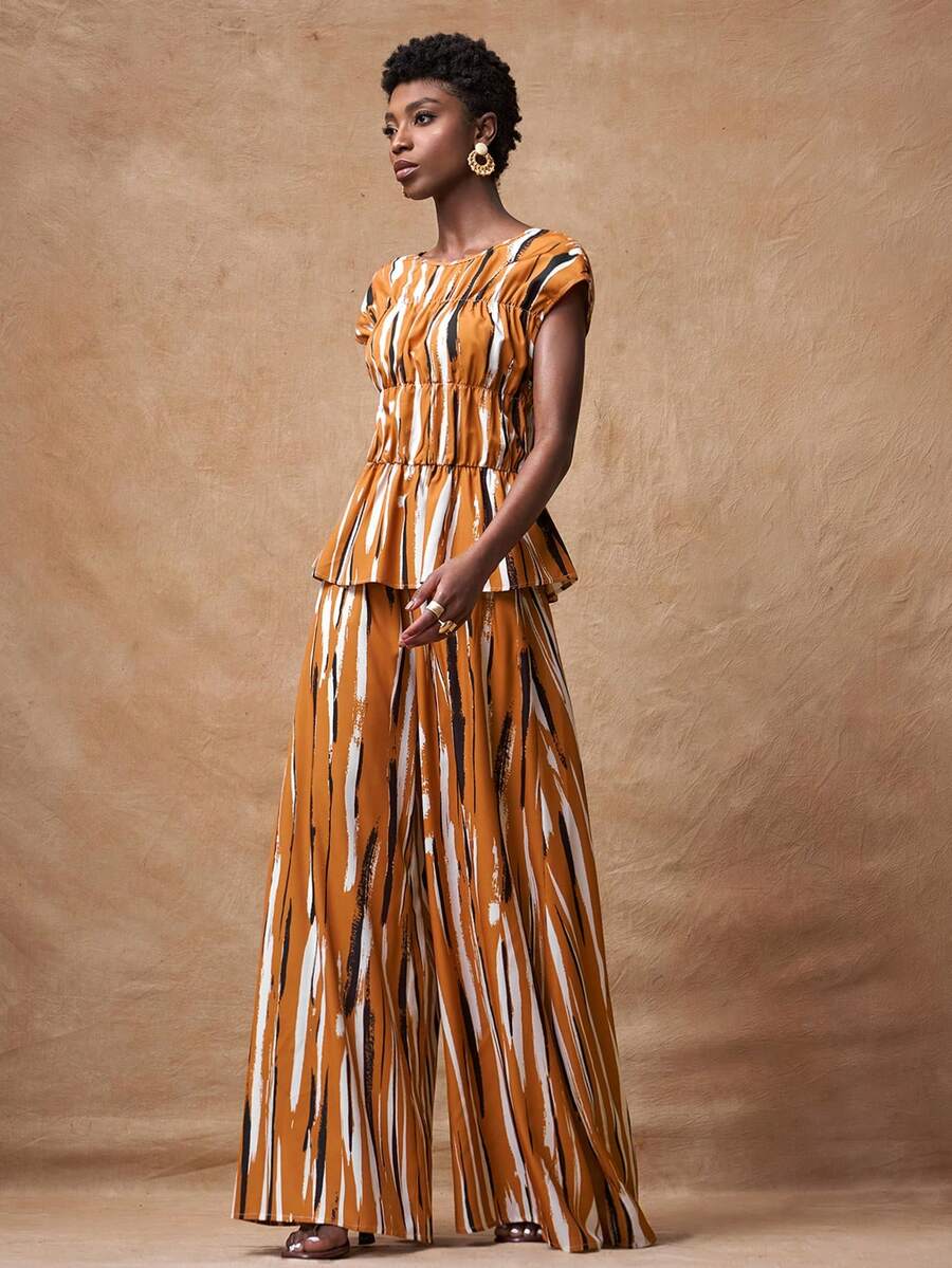 Zivah 2026春夏新款浪漫音乐节复活节西部波西米亚纳什维尔派对婚礼正式约会休闲学生日常基本款百搭休闲邮轮海滩日光浴优雅通勤商务休闲圆领短袖褶皱下摆上衣+阔腿裤多色条纹印花两件套，春夏套装，休闲套装，浪漫套装，女士两件套 - 棕色 - 查看 1