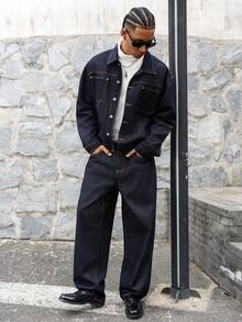 Manfinity EMRG Men's Dark Blue Denim 2 Pieces Set, Casual Jacket And Loose Fit Pants, Spring/Autumn Mens Denim Set Baggy Jeans Man
