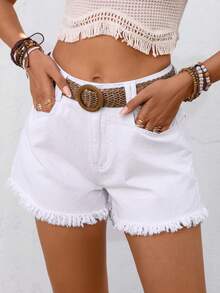 SHEIN Tall Women's Solid Color Casual Denim Shorts - White - View 1