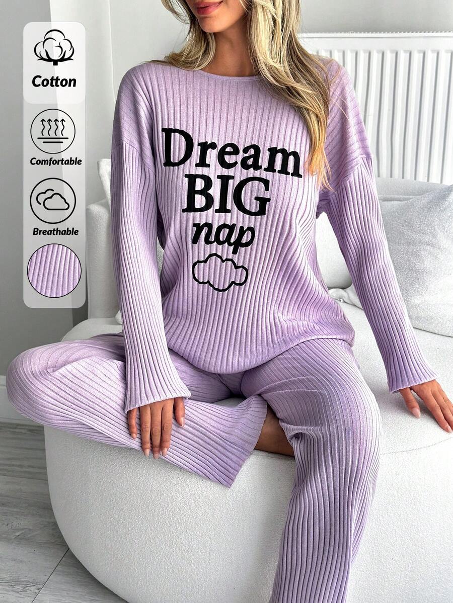 Loomlin Dream Big Nap – Soft Ribbed Knit Lounge Pajama Set For Women, Long Sleeve Relaxed Fit Sleepwear With Cloud Graphic Print, Cozy & Chic Nightwear Co-Ord - Lilac Purple - View 1