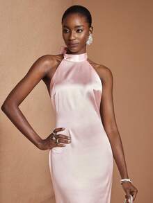 JIAN LASALA Elegant Pastel Pink Satin Halter Neck Tie Backless Sleeves Women Maxi Dress Wedding High Neck Dress Pink Satin Dress Gowns Glamorous Dress Special Occasion Dress Cocktail Dress Elegant Maxi Dress Satin Halter Dress Party Wedding Guest - Pink - View 7