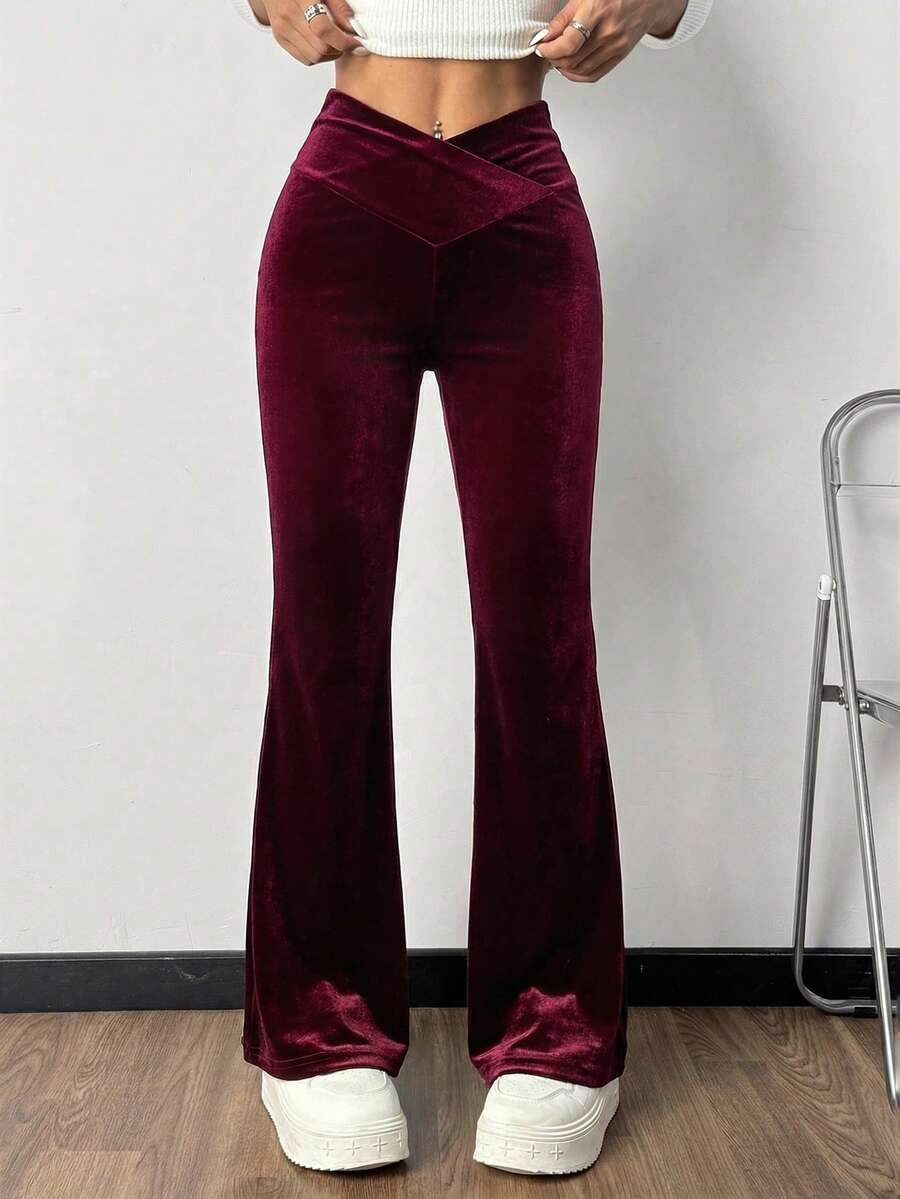 SHEIN EZwear 女士酒红色丝绒针织喇叭裤 - 酒紅色 - 查看 1