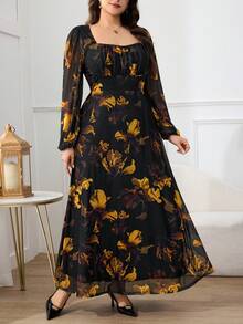 Modelyn 大码女式印花方领灯笼袖褶皱优雅连衣裙 - 彩色 - 查看 5
