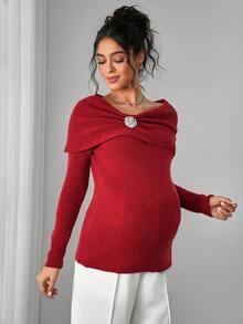 SHEIN Suéter plegable con decoración de rhinestones para maternidad - Rojo - Ver 4