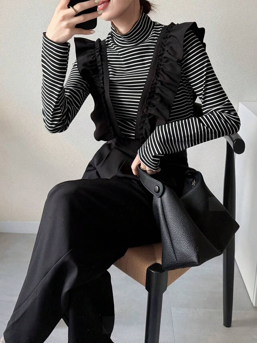 FRIFUL Pantalones rectos con volantes de unicolor para mujer, mono casual y versátil para otoño/invierno - Negro - Ver 1