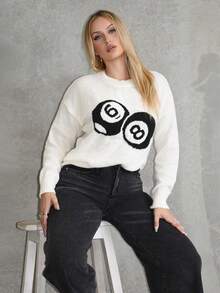 Arliah Streetwear Damen einfarbiger Jacquard Billard Lässig Langarm Pullover Strickpullover Herbst Winter - Weiss - Übersicht 4