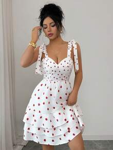 SHEIN Elenzya Đầm ngắn xòe dáng tiêu chuẩn, màu trắng in hình dâu tây, kiểu dáng thanh lịch, buộc dây, thích hợp cho các dịp thường ngày, hẹn hò, đi biển, tiệc hè và đám cưới. - trắng - Xem 4