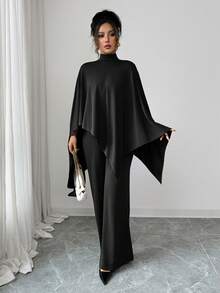 Elenzga 女士中东风情优雅简约不对称针织斗篷上衣 + 直筒阔腿松紧腰裤 - 黑色 - 查看 5