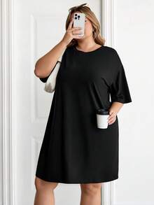 SHEIN CURVE+ 休闲宽松圆领短袖露脐女式连衣裙，适合夏季穿着 - 黑色 - 查看 6