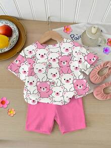 SHEIN Baby Girl Casual Cute Cartoon Bear Print Outfit, Fashionable , Cream Pink, Round Neck Short Sleeve T-Shirt And Leggings Set, Suitable For Spring/Summer, Daily Wear, Matching Sisters, Vacation, Y2K Style Cute Toddler Sets Baby Girl Short Sleeve Two Piece Set For Baby Girls Baby Girl Clothes Summer Sets Bear Girls Clothing - Multicolor - View 3