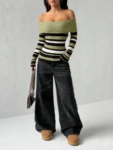 Jeanoix Áo len nữ dài tay trễ vai kẻ sọc thời trang, mùa thu/đông - Màu xanh Ô liu - Xem 4