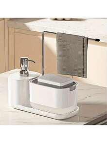 1 Piece Kitchen Multi-Function Soap Dispenser Set With Tray And Sponge Holder, Dish And Hand Soap Dispenser With Stainless Steel Dish Cloth Holder, 4 In 1 Kitchen Sink Countertop Storage Organizer, Useful Kitchen Bathroom Gadgets