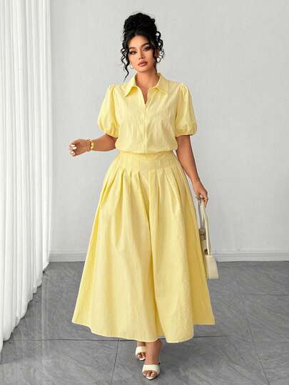 Elenzga Plus Size Women's Casual Solid Color Minimalist Zip-Up Jacket And A-Line Skirt 2-Piece Set, Suitable For Spring/Summer, Back To School, Vacation, Graduation, Holidays, Valentine's Day, Christmas, Music Festivals, Mother's Day, Halloween, Thanksgiving, Easter, National Day, Dances, Dates, Parties, Weddings, Outdoor Activities