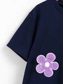 SHEIN Tween Girls' Back-To-School Summer Casual School Navy Blue Floral Patchwork Striped Print 2 In 1 Dress,Fashion Vacation Flower Spring Kids Clothes - Multicolor - View 5